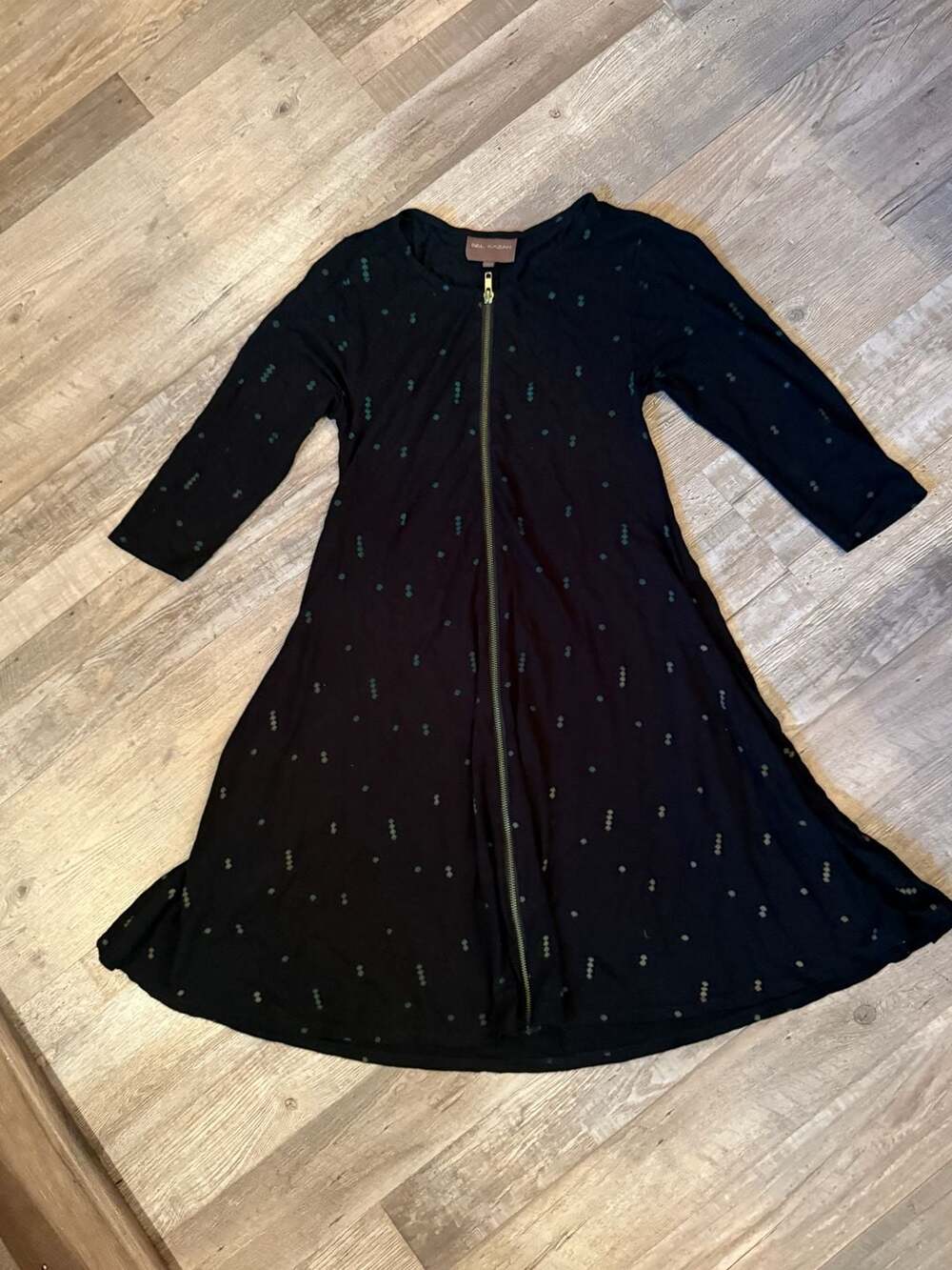 Bel Kazan Black Midi Zip-Front Dress with Teal Dot Detail size S